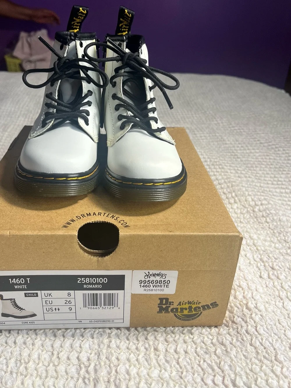 Dr. Martens Kids White Leather Lace-Up Boots with Black Laces
